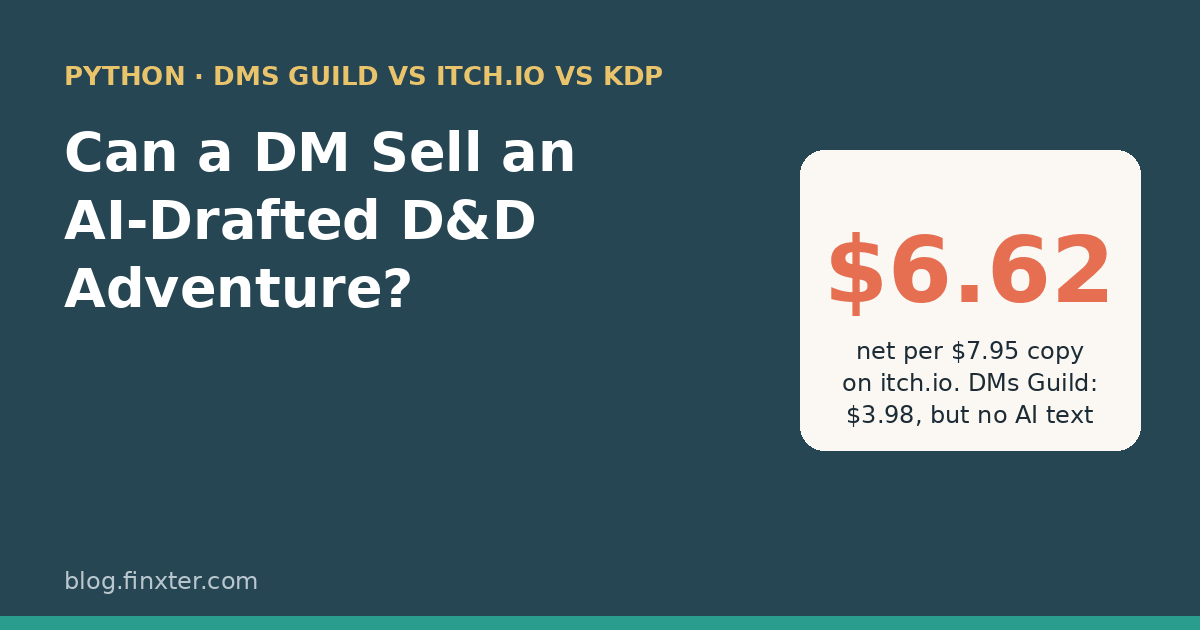 Featured image: Can a DM sell an AI-drafted D&D adventure? $6.62 net per $7.95 copy on itch.io, $3.98 on DMs Guild which rejects AI text