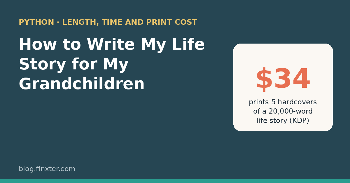 Featured image: How to write my life story for my grandchildren. $34 prints five KDP hardcovers of a 20,000-word life story