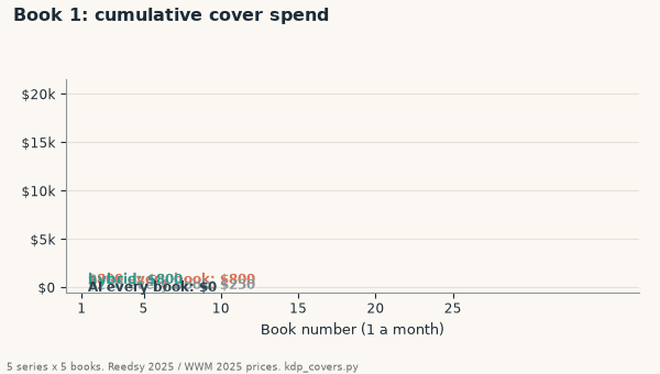 Animation of cumulative cover spend over 25 books at one book a month: $800 per book climbs to $20,000, $250 per book to $6,250, the hybrid steps up only at each new series to $4,000, and AI covers stay at $0