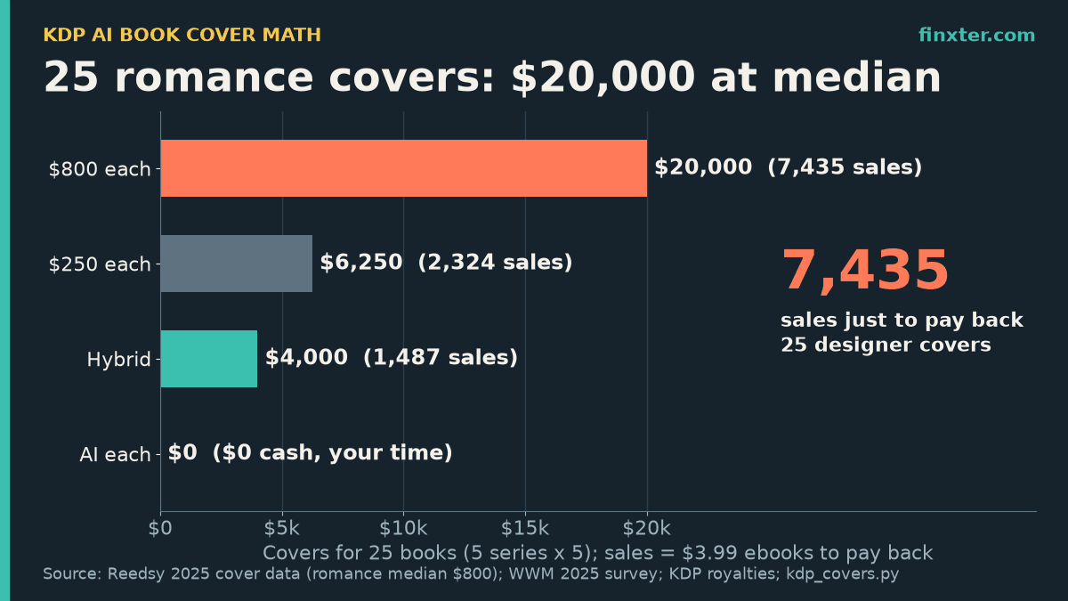 Featured bar chart: cover spend for a 25-book KDP portfolio (5 series of 5): $800 Reedsy romance median on every book costs $20,000 and 7,435 sales at $3.99 to pay back; $250 per cover costs $6,250 (2,324 sales); a hybrid with $800 only on each Book 1 costs $4,000 (1,487 sales); AI covers cost $0 cash